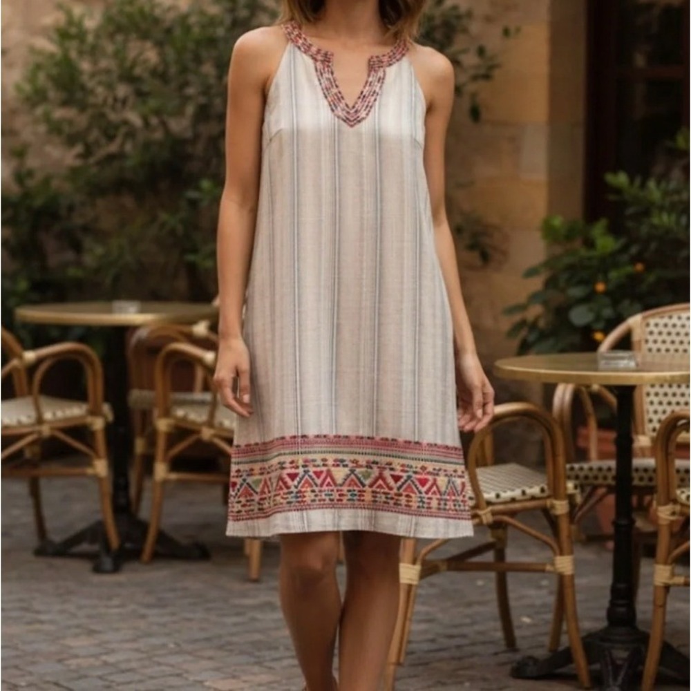 Savanna Jane Dress Medium Cream Embroidered Striped Sleeveless 93895 Boho NWT